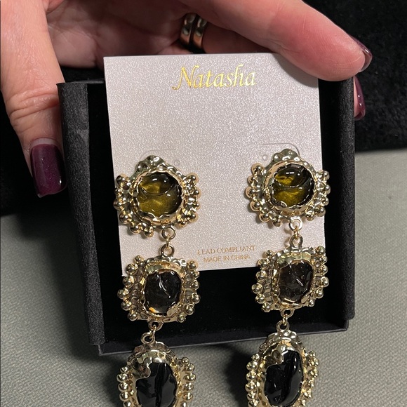 Natasha Couture Gold and Black Statement Earrings - Picture 4 of 9